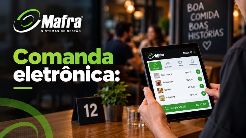 Garçom lançando pedido na comanda eletrônica em um tablet com o sistema da Mafra, na mesa 12 de um restaurante
