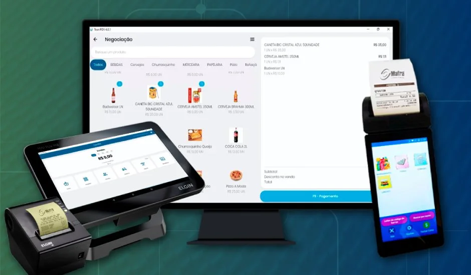 Sistema de frente de caixa com terminal touch, impressora de cupom e pagamento integrado