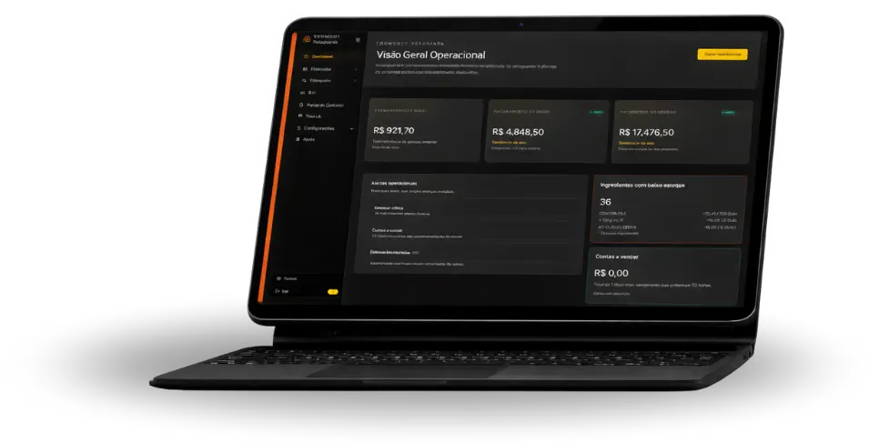 Notebook exibindo o painel de visão geral operacional com faturamento, alertas de estoque de ingredientes e contas a vencer
