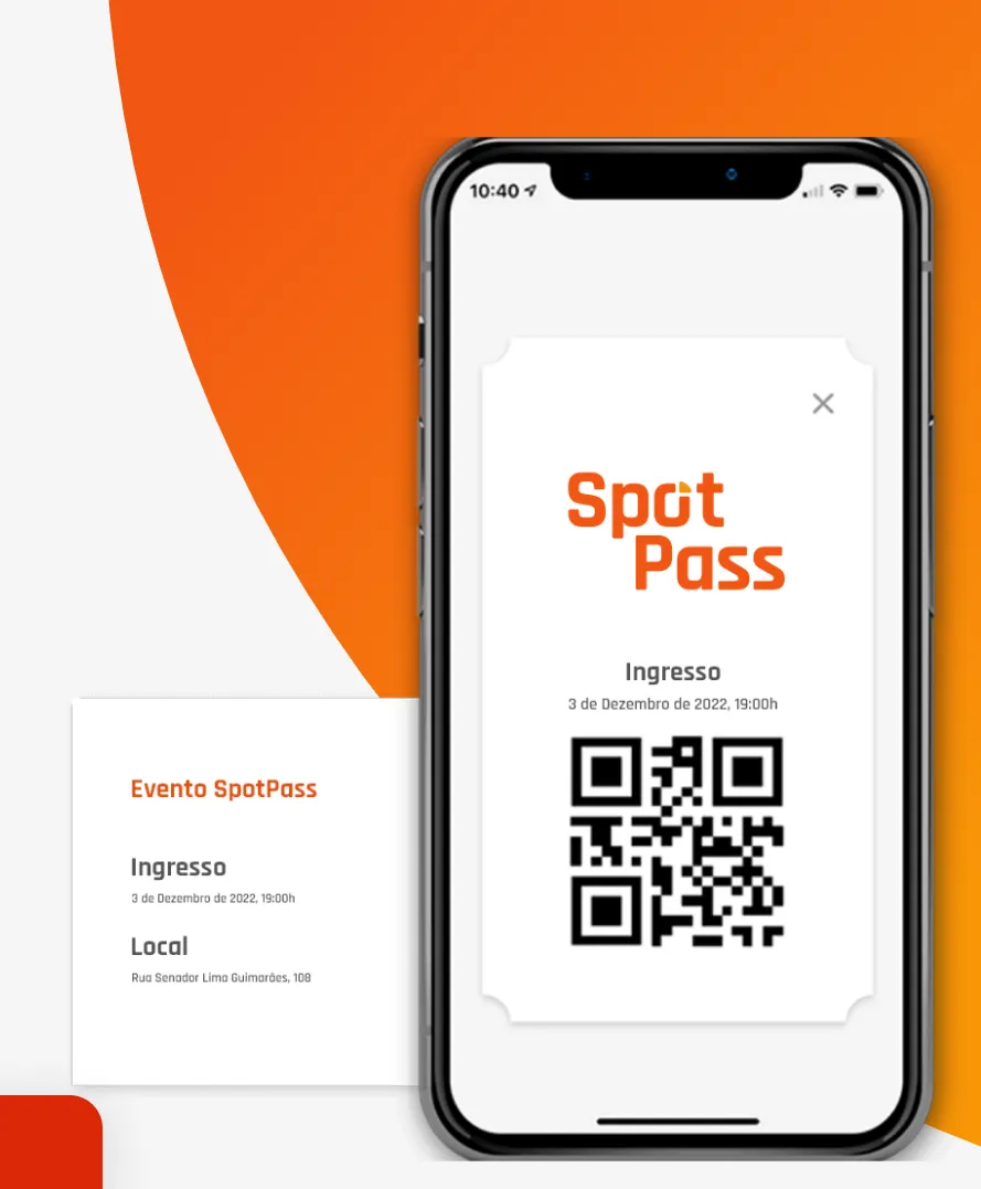 Celular exibindo ingresso digital do SpotPass com QR code, data e local do evento