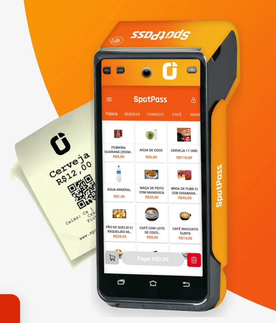 Maquininha SpotPass com o cardápio de produtos na tela e ficha impressa com QR code para retirada no bar