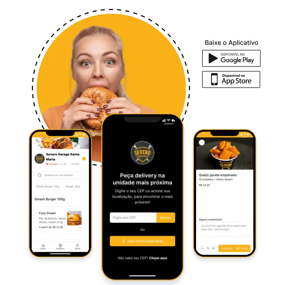 Telas do aplicativo de delivery com a marca do restaurante: busca da unidade mais próxima, cardápio e detalhe do produto