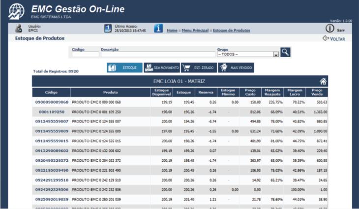 Tela do sistema de gestão online com a pesquisa de estoque e a lista de produtos da loja