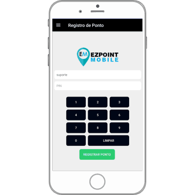 Smartphone com o aplicativo EzPoint Mobile de registro de ponto externo com geolocalização
