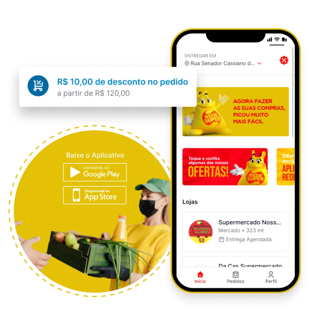 Celular com o aplicativo de compras do supermercado mostrando ofertas, cupom de desconto e lojas com entrega agendada