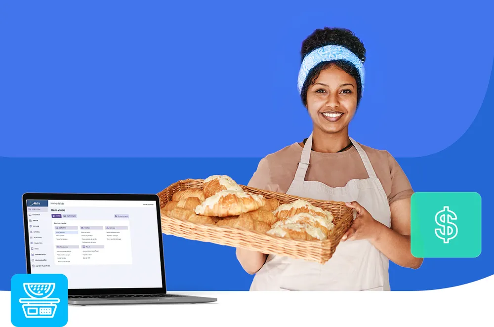 Padeira sorridente segurando bandeja de croissants ao lado de notebook com o sistema de gestão Mafra aberto