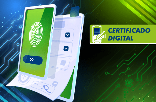 Ilustração de certificado digital: smartphone com impressão digital na tela ao lado de documento com itens assinados e verificados, com o selo Certificado Digital