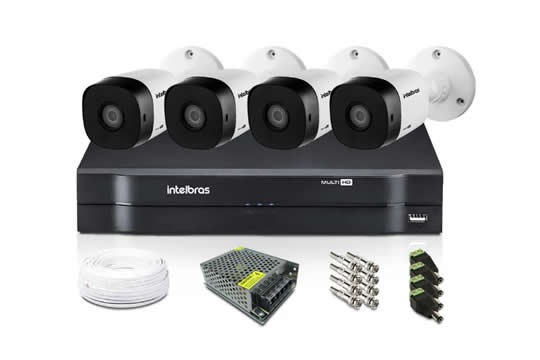 Kit de CFTV com quatro câmeras de segurança, gravador DVR Intelbras, bobina de cabo, fonte de alimentação e conectores